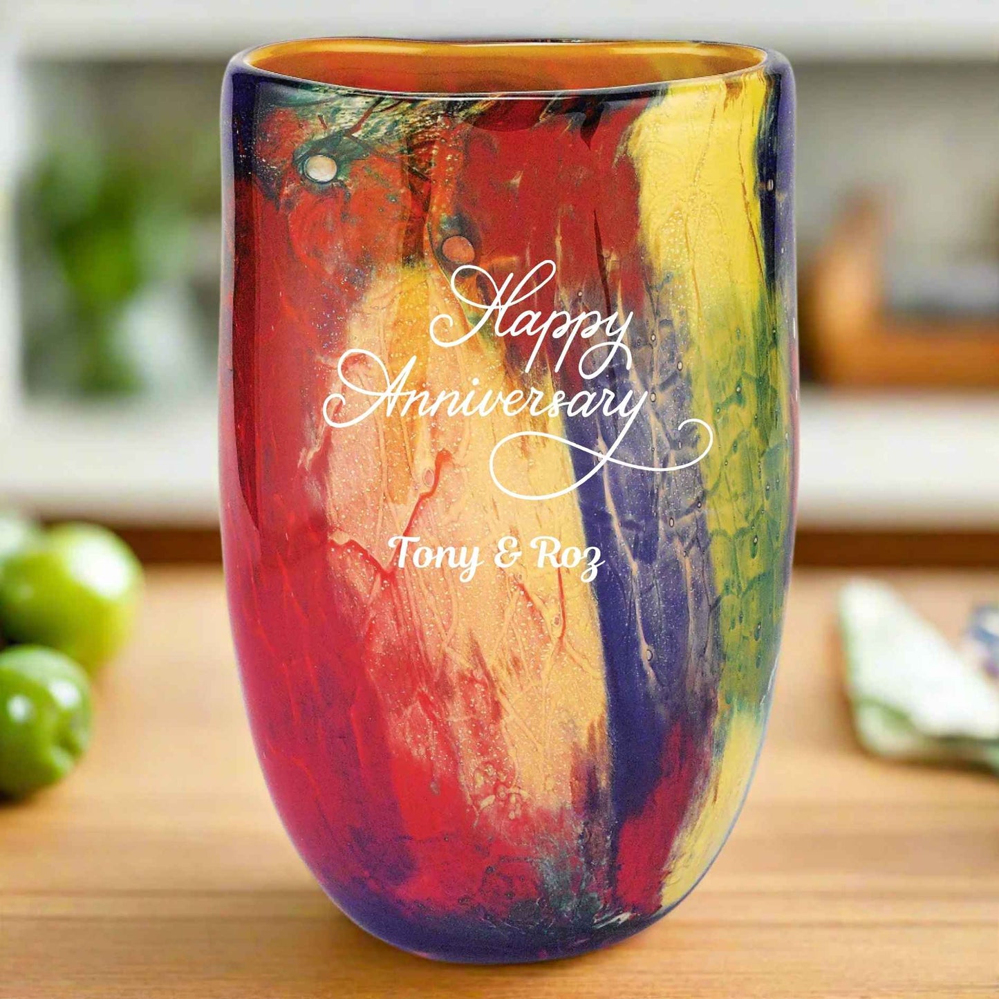 Colorful art glass glass vase with engraved happy anniversary