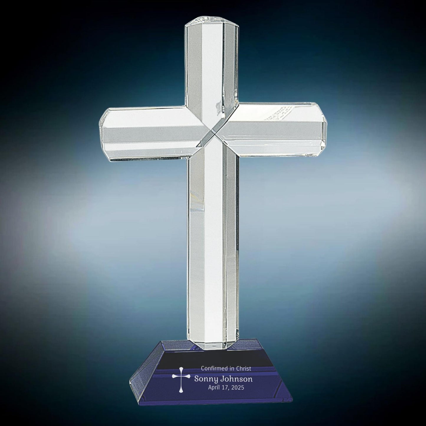 personalized crystal cross on blue base