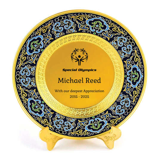 Gold Presentation Plate with Intricate Blue Enamel ~ Celestial