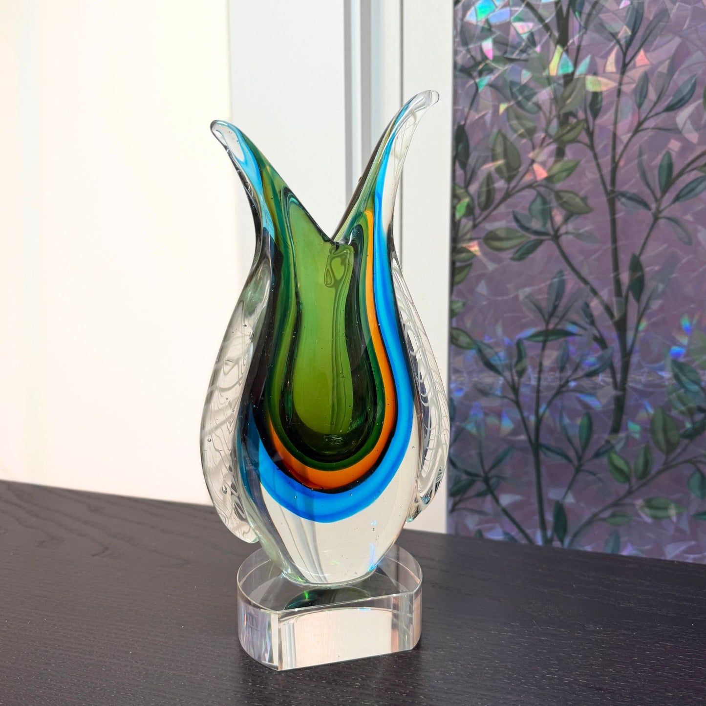 blue violet and amber art glass vase on crystal base