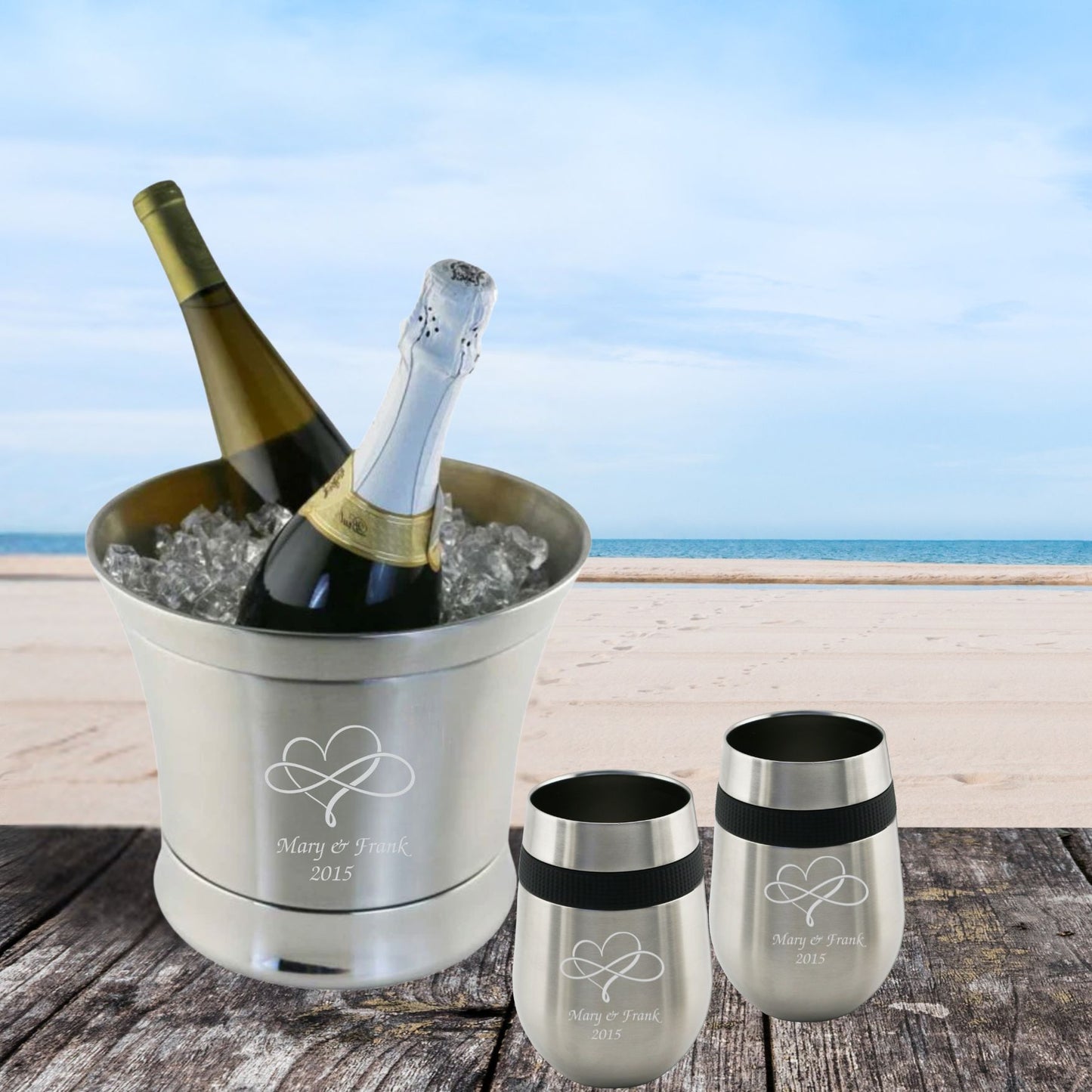 Engraved Stainless Steel Ice Bucket with 2 Stemless Wine Glasses