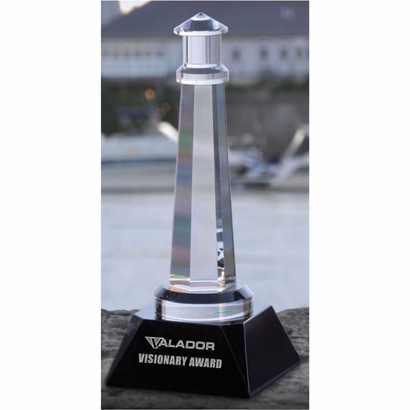 11 Inch Faceted Crystal Lighthouse with Black Crystal Base, The Ponce de Leon - Personalized Engraved Gifts