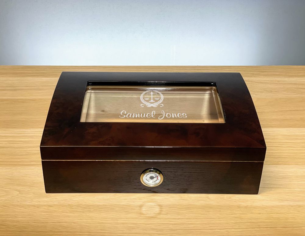 Dark Wood Finish Desktop Humidor with Engraved Glass Top ~ Ammons - Personalized Engraved Gifts