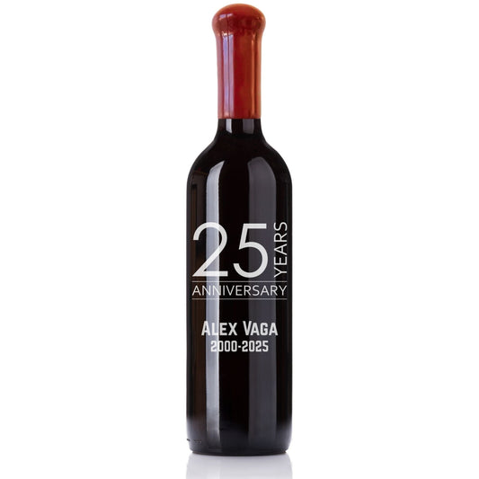 Engraved Wine bottle with '25 Years Anniversary' label on a white background