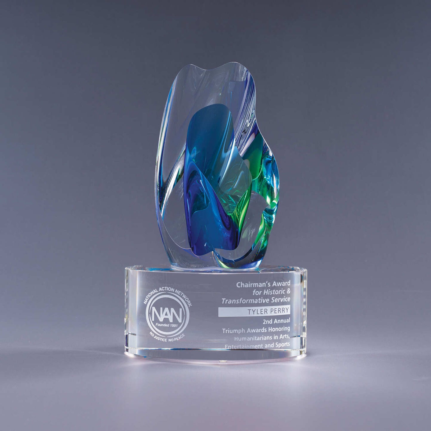 art glass award with blue green mediterranean colors

