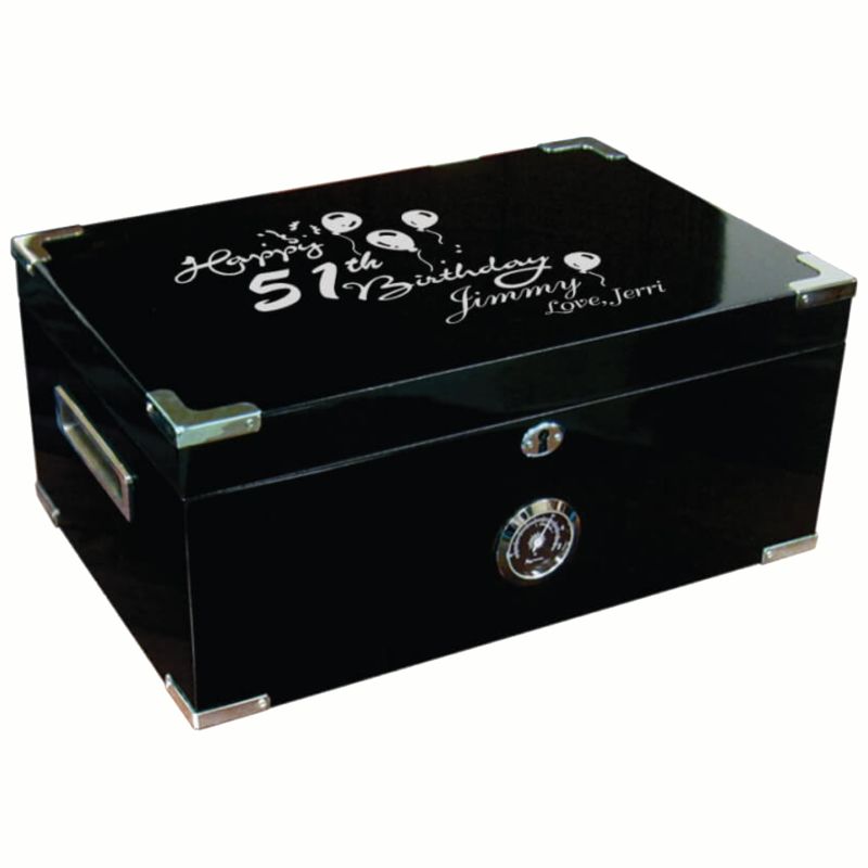 Black Lacquer Humidor with Silver Accents ~ Dorin - Personalized Engraved Gifts