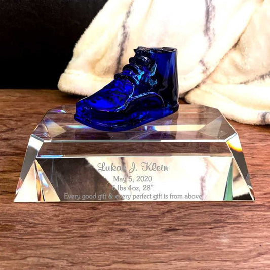 Blue Glass Baby Shoe Keepsake on Crystal Base Noah - Personalized Engraved Gifts
