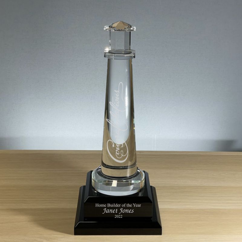 14 Inch Crystal Lighthouse Award on Black Wooden Base, The Cape Charles - Personalized Engraved Gifts