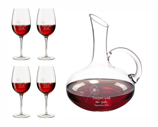 Engraved Wine Carafe with Easy Pour Handle and 4 Wine Glasses Gift Set ~ Vittorio - Personalized Engraved Gifts
