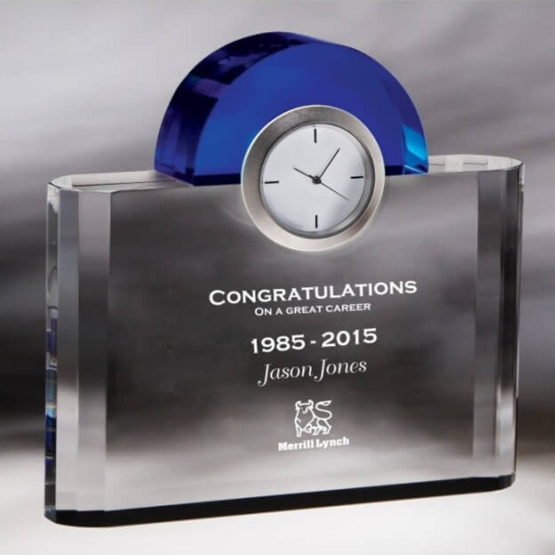 Crystal Clock with Blue Arch Deep Engraved with Best Wishes from the Department - Personalized Engraved Gifts