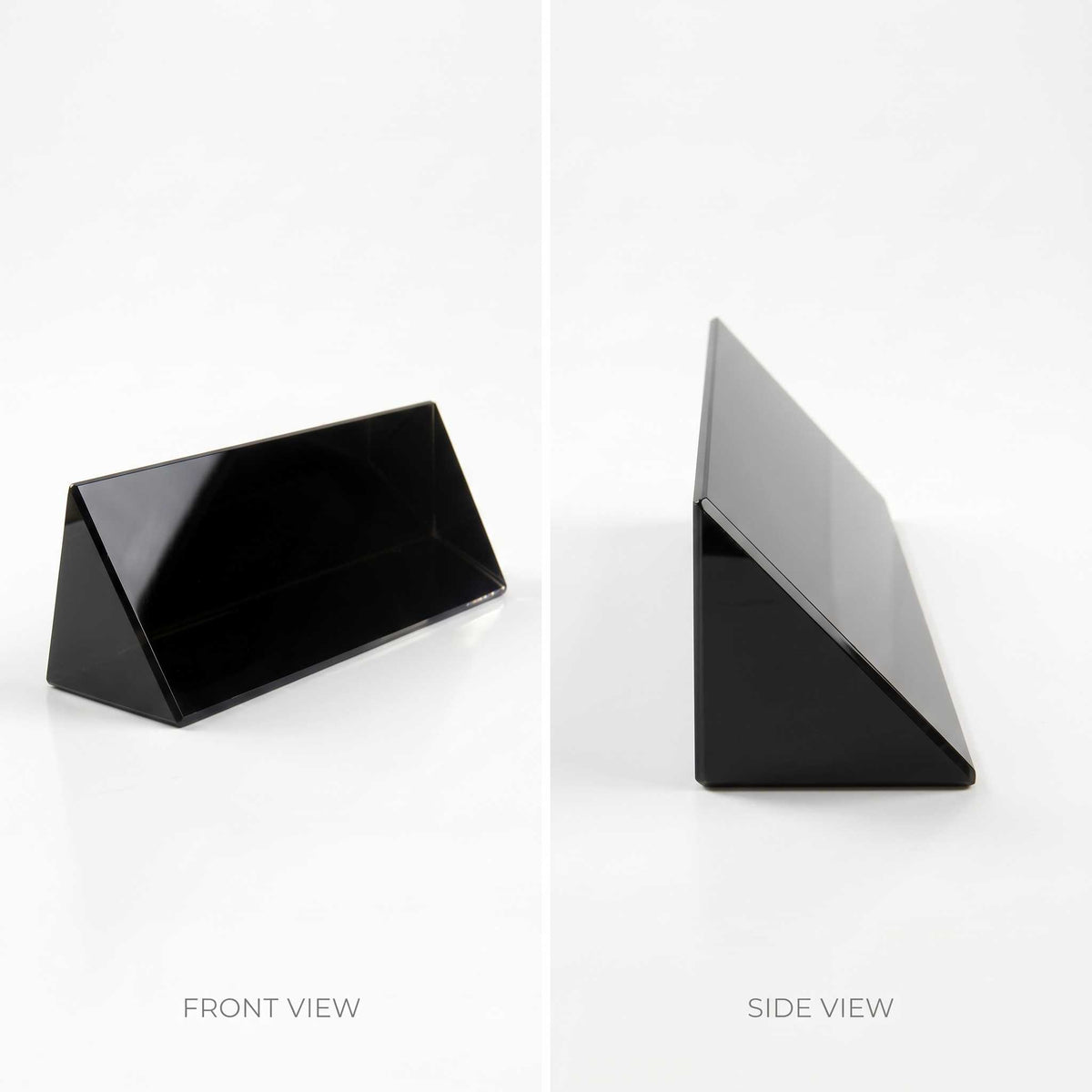 Engraved Crystal Name plate shown from two angles on a white background, labeled 'FRONT VIEW' and 'SIDE VIEW'.