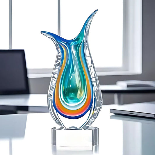blue violet and amber art glass vase on crystal base