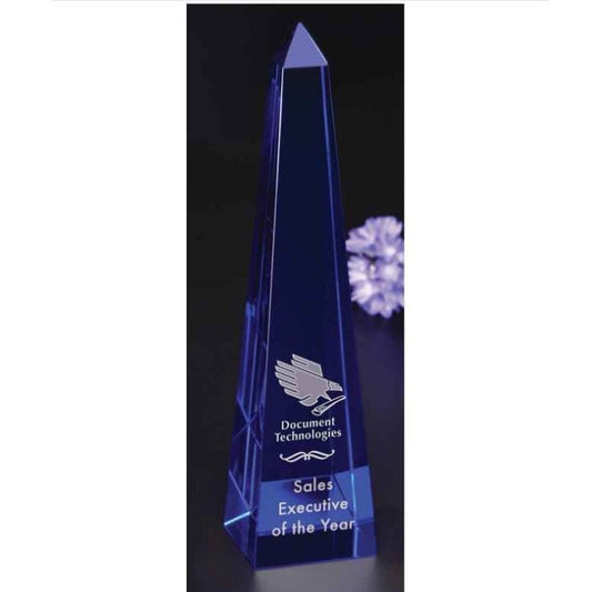 Custom Etched Blue Glass Obelisk Award - Personalized Engraved Gifts