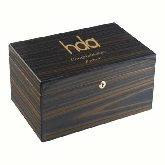 High Lacquer Zebrawood Finish Desktop Humidor ~ Arturo - Personalized Engraved Gifts