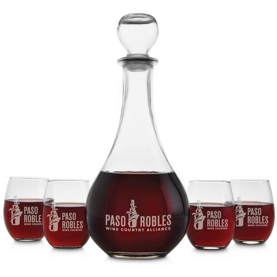 Customized Wine Carafe with 4 Stemless Wine Glasses ~ Belissimo - Personalized Engraved Gifts