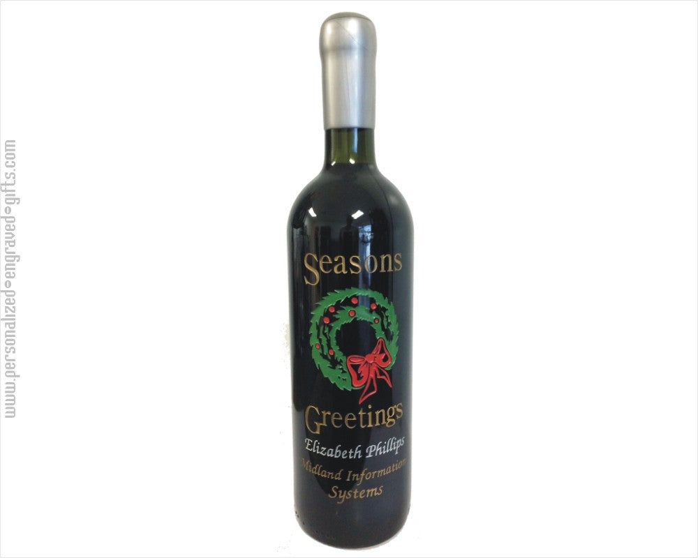 Personalized Engraved Wine Bottles - Holiday Wreath Designs - Personalized Engraved Gifts