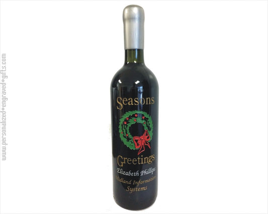 Personalized Engraved Wine Bottles - Holiday Wreath Designs - Personalized Engraved Gifts