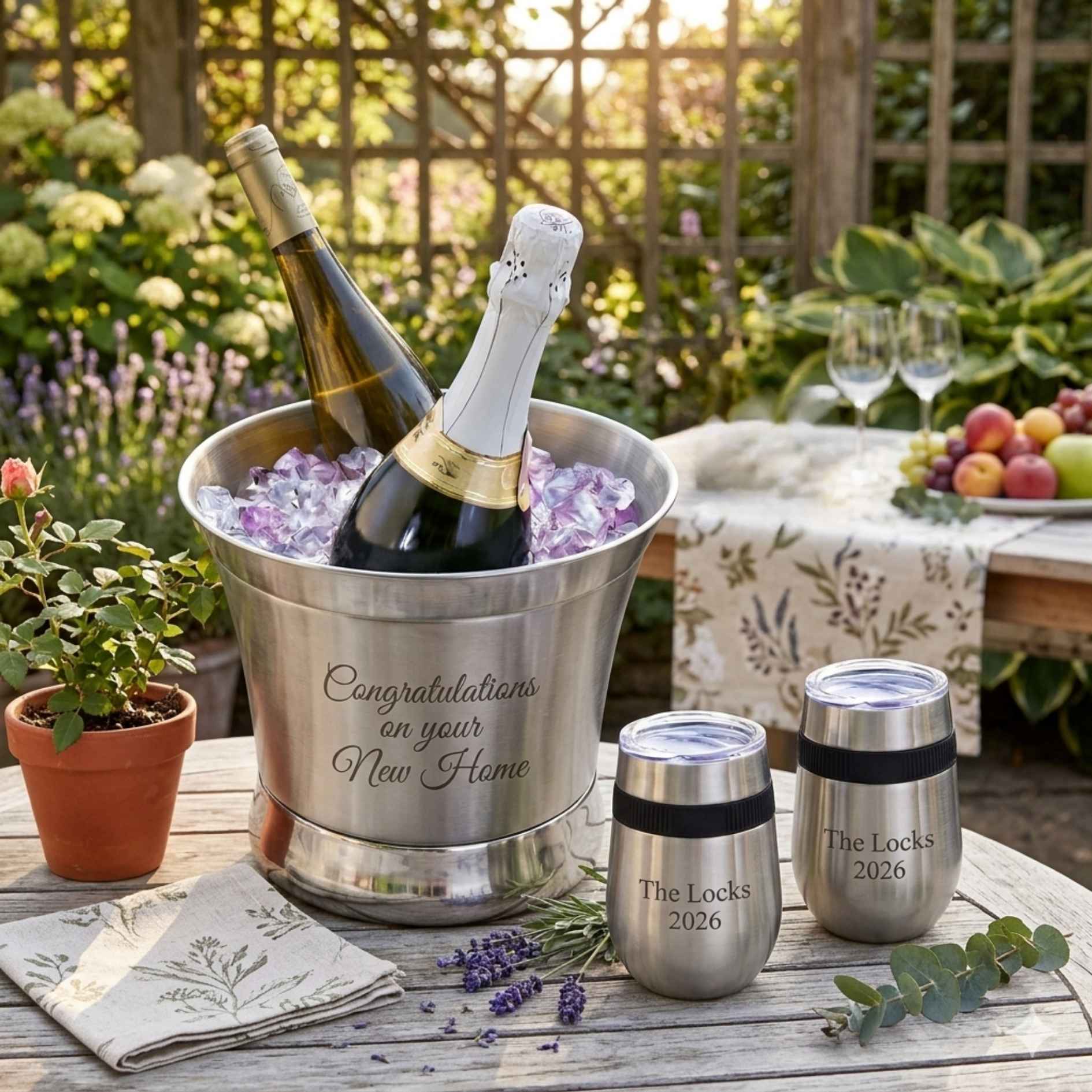 engraved stainless steel ice bucket and stemless glasses on table in garden