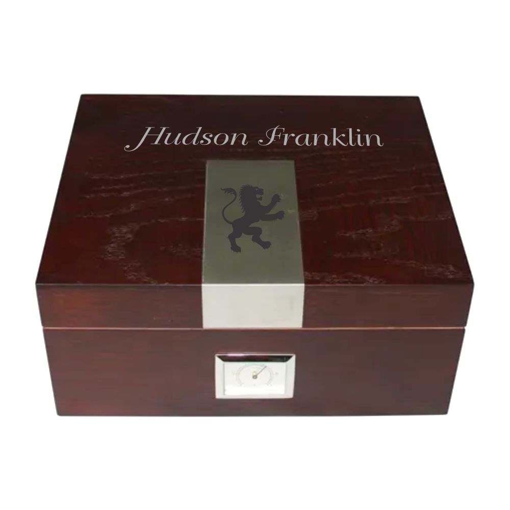 Cherry Humidor with Decorative Silver Plate ~ Arthur - Personalized Engraved Gifts