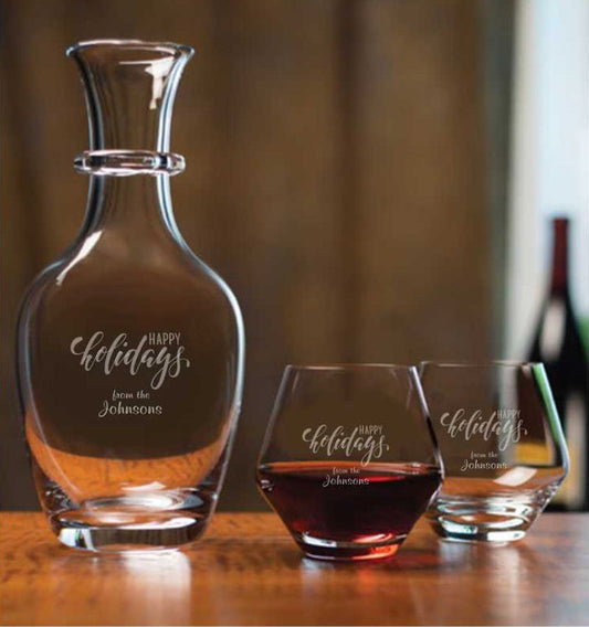 Engraved Italian Wine Carafe Set with 2 Stemless Glasses - Personalized Engraved Gifts