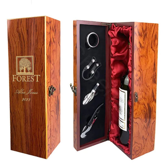 Oak Finished Wine Box Gift Set with 4 Tools Engraved - Personalized Engraved Gifts