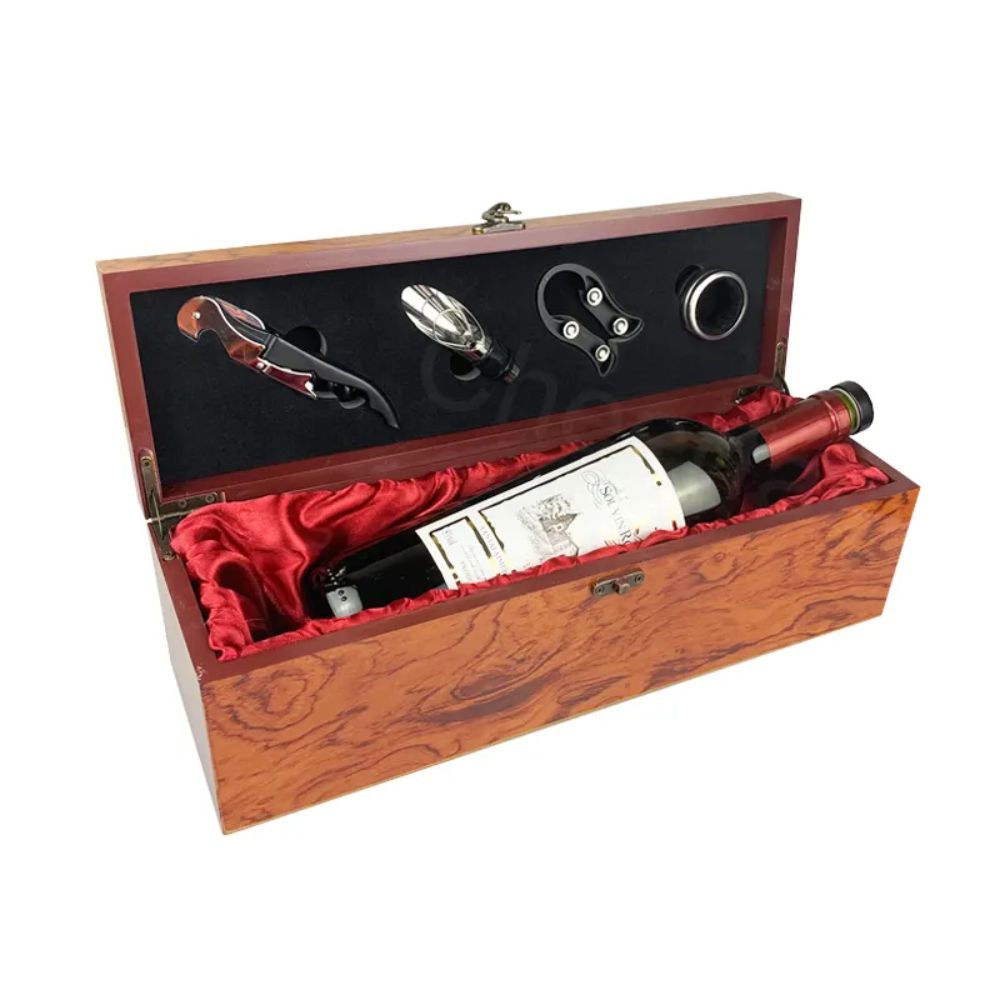 Oak Finished Wine Box Gift Set with 4 Tools Engraved - Personalized Engraved Gifts