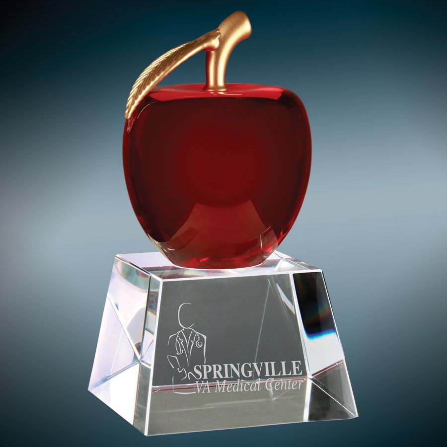 Crystal Red Apple with Golden Stem on Clear Crystal Base ~ Greenbluff - Personalized Engraved Gifts