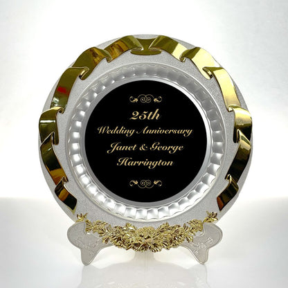 Decorative Silver Presentation Plate with Gold Ribbon Engraved - Personalized Engraved Gifts