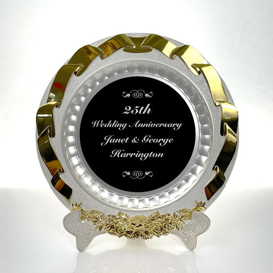 Decorative Silver Presentation Plate with Gold Ribbon Engraved - Personalized Engraved Gifts