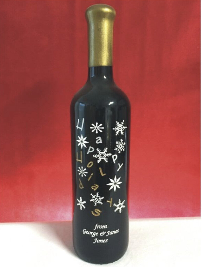 Custom Engraved Happy Holidays Wine Bottle with Snowflakes - Personalized Engraved Gifts