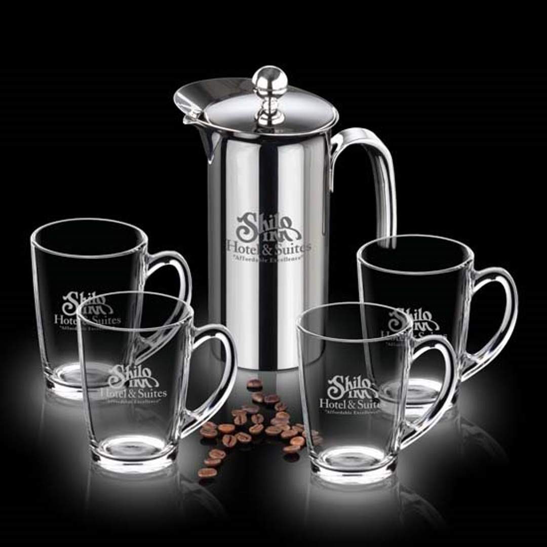 Personalized Stainless Steel French Press Carafe with 4 Glass Mugs - Personalized Engraved Gifts