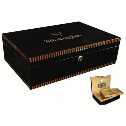 Engraved Black Lacquer Humidor with Inlay Design ~ Winston - Personalized Engraved Gifts