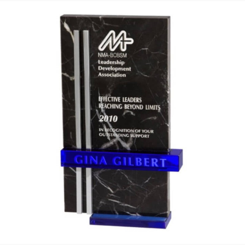 Engraved Black Marble Award with Blue and Chrome Accents - Personalized Engraved Gifts