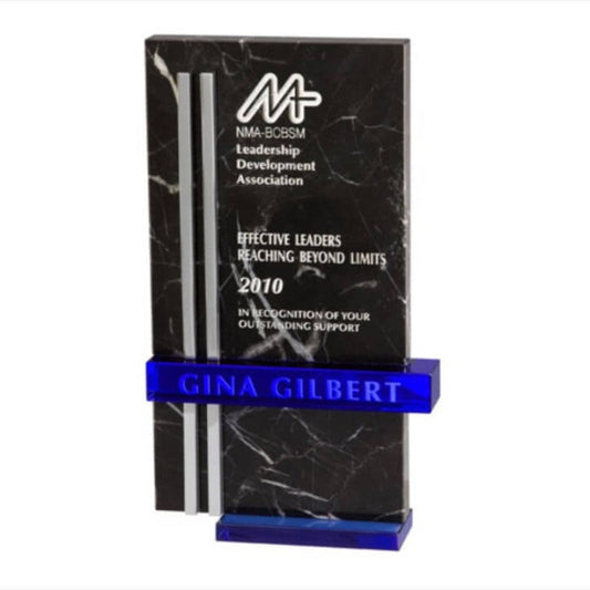 Engraved Black Marble Award with Blue and Chrome Accents - Personalized Engraved Gifts