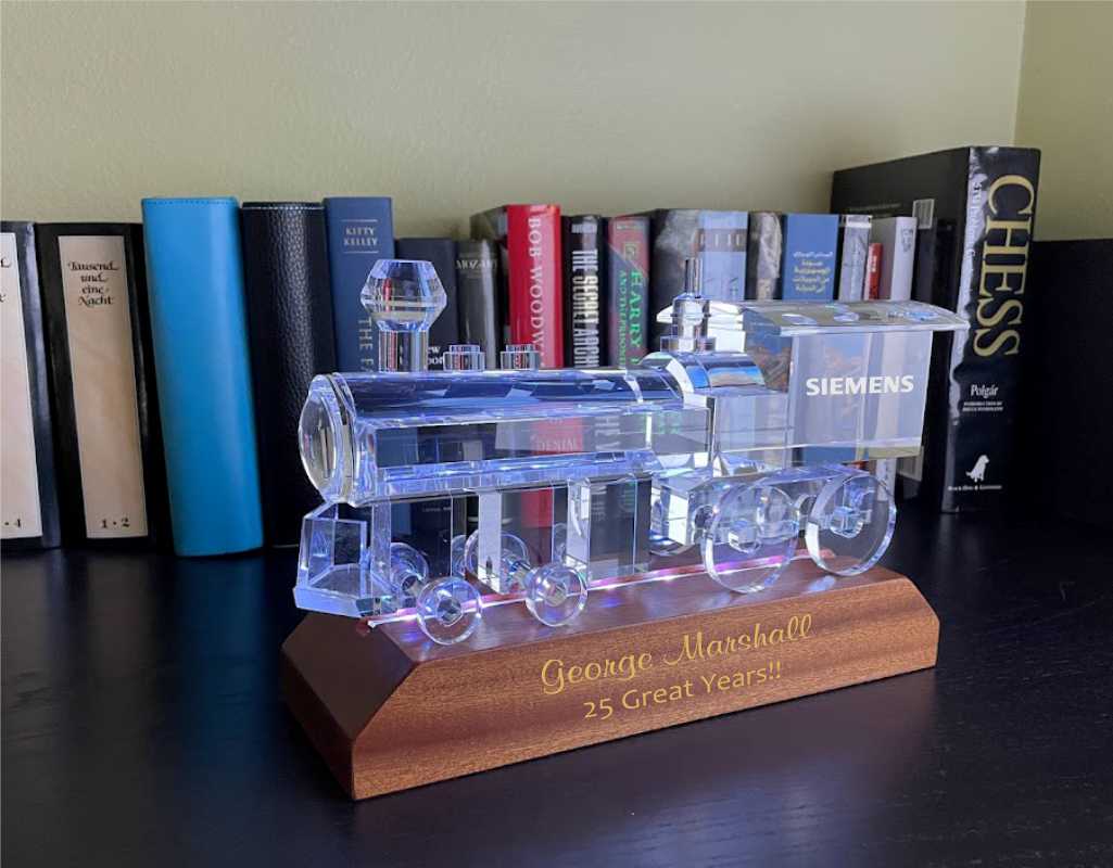 Deep Engraved Extra Large Crystal Train Engine Award - The Engineer - Personalized Engraved Gifts