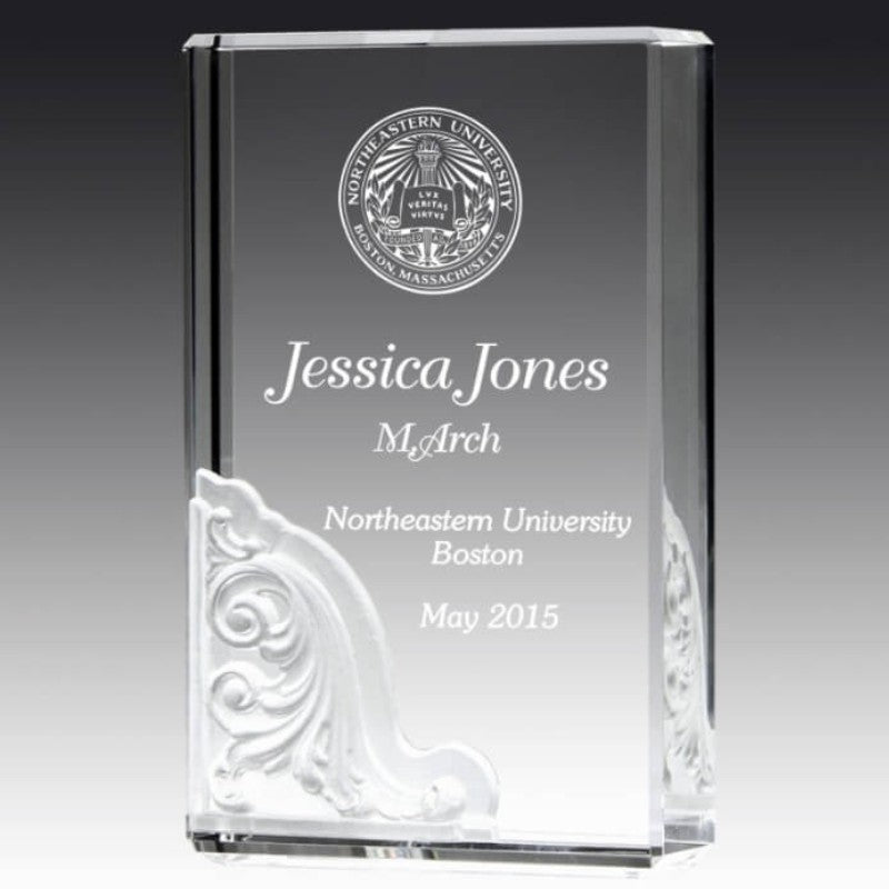 Engraved Crystal Block Award with Pate De Verre Architectural Design - Personalized Engraved Gifts