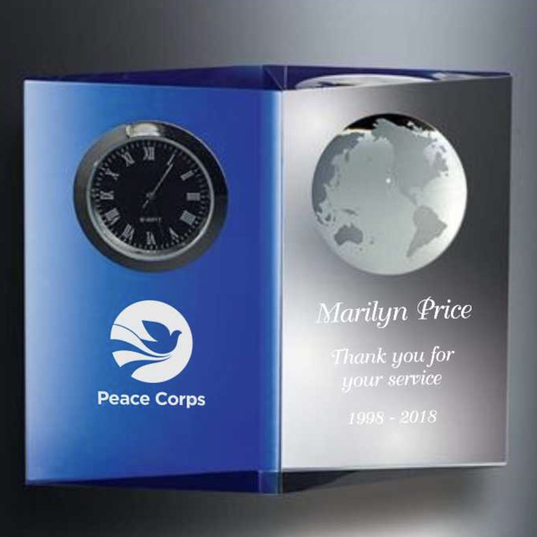 Engraved Crystal Clock with Inlaid Earth - Blue Planet - Personalized Engraved Gifts