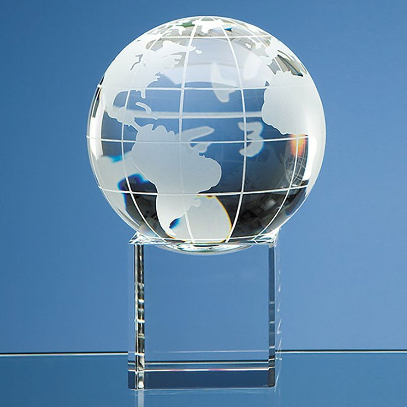 Fix URL Engraved Crystal Earth Globe with Meridians on Concave Base - Personalized Engraved Gifts