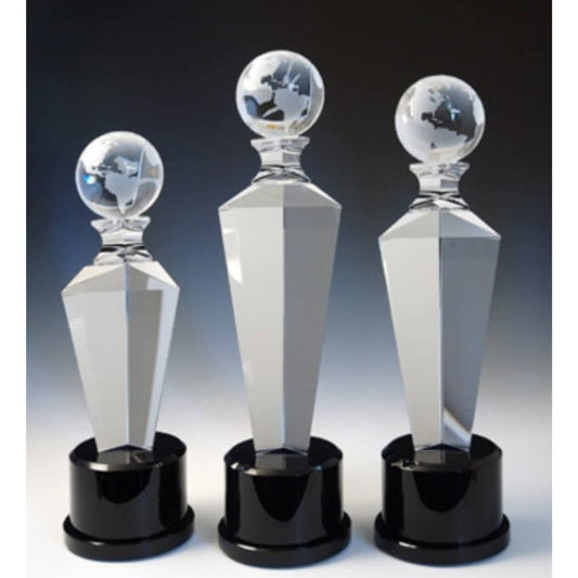 Engraved Crystal Globe On Tapered Tower with Black Base - Personalized Engraved Gifts