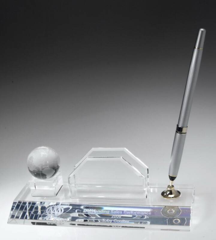 Engraved Crystal Globe Pen, Nameplate, and Business Card Holder Set ~ Oakcreek - Personalized Engraved Gifts