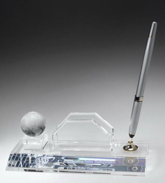 Engraved Crystal Globe Pen, Nameplate, and Business Card Holder Set ~ Oakcreek - Personalized Engraved Gifts