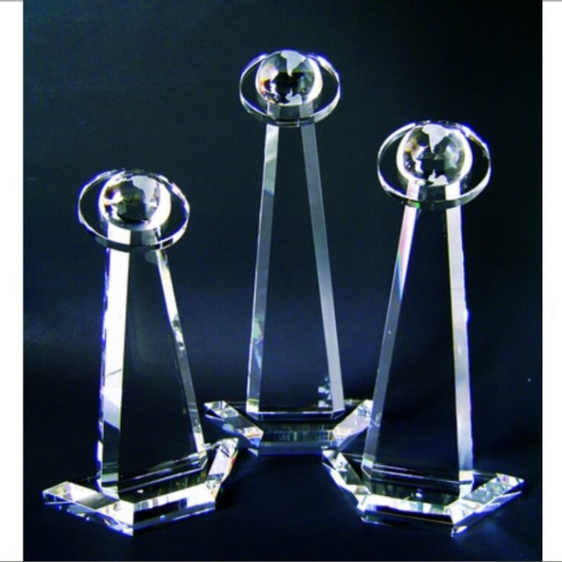 Engraved Crystal Globe Tower with Orbital Ring - Personalized Engraved Gifts