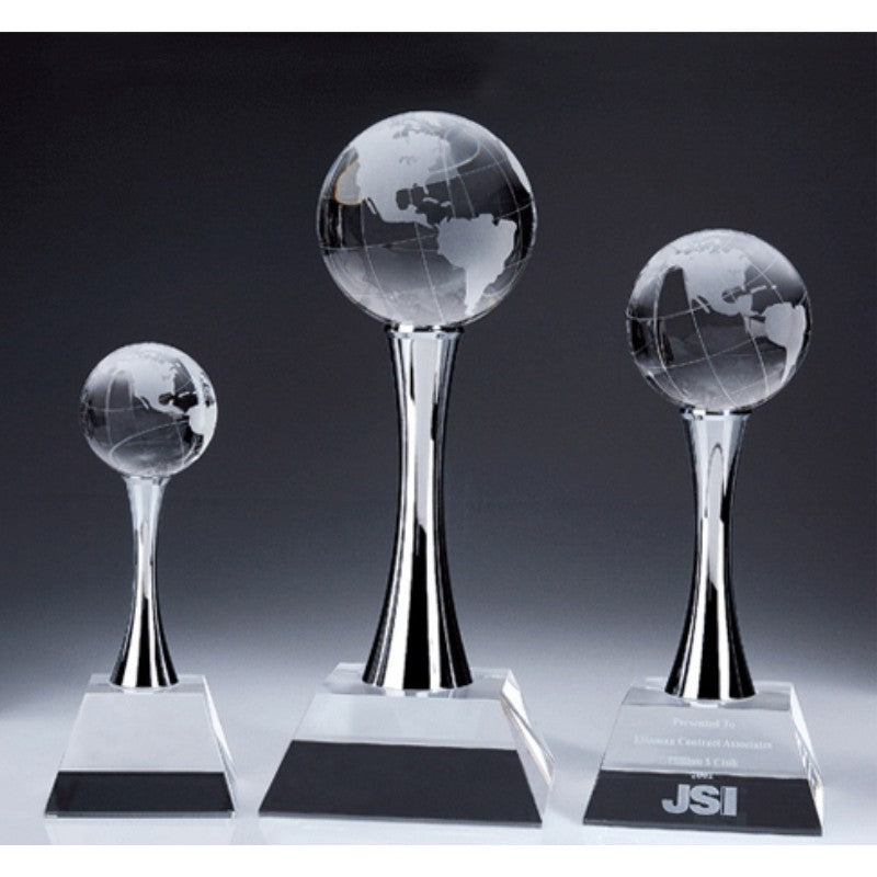 Engraved Crystal Globe Trophy on Chrome Towers - Personalized Engraved Gifts