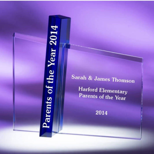 Engraved Crystal Plaque with Vertical Blue Crystal Soporte - Personalized Engraved Gifts