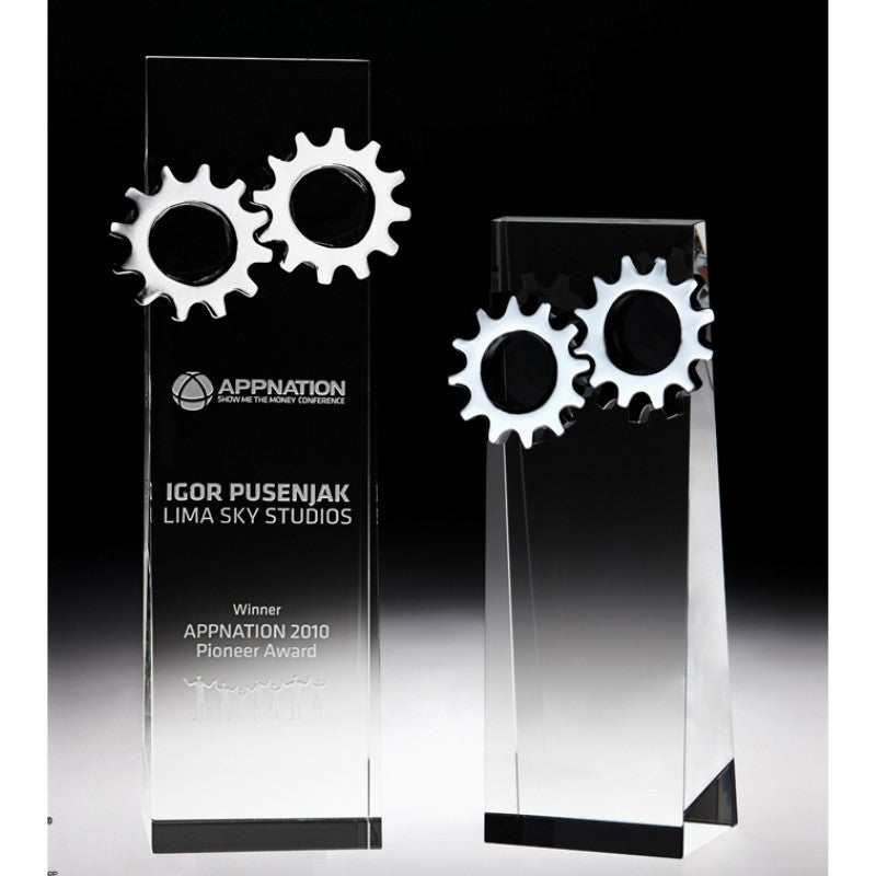 Engraved Crystal Rectangle Award with Chrome Gears - Personalized Engraved Gifts