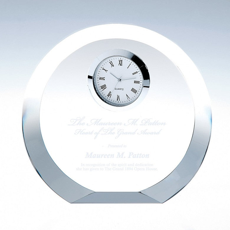 Engraved Crystal Round Clock with thick Beveled Edge Luna - Personalized Engraved Gifts