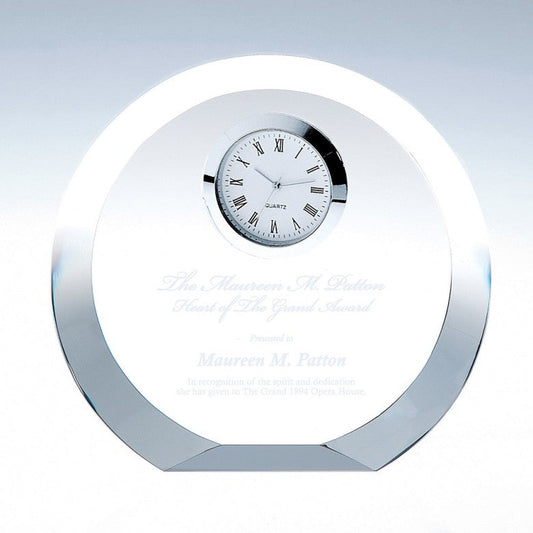 Engraved Crystal Round Clock with thick Beveled Edge Luna - Personalized Engraved Gifts