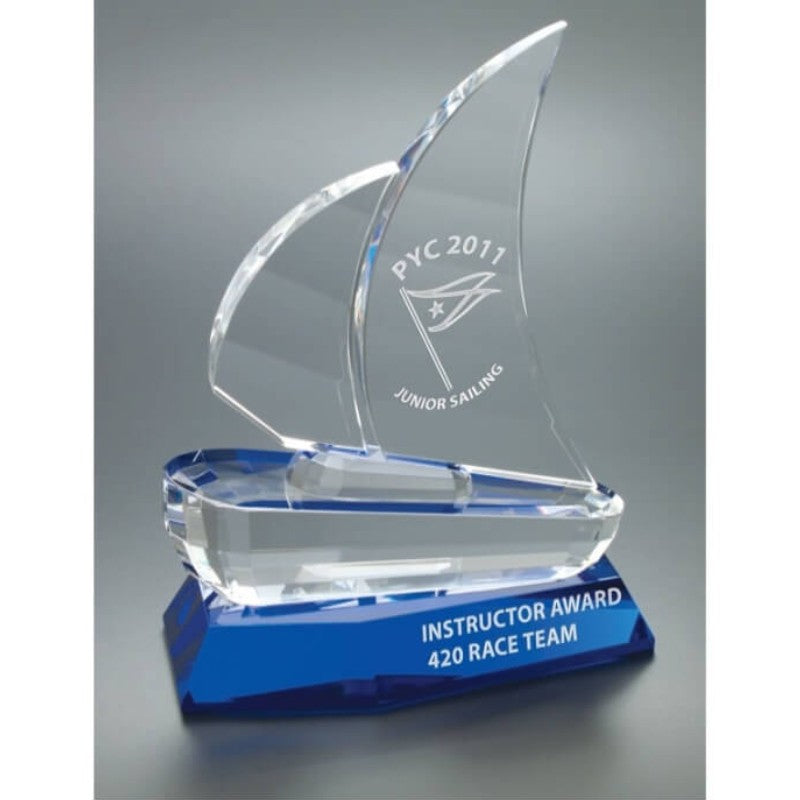 Engraved Crystal Sailboat with Blue Base - Tranquility - Personalized Engraved Gifts