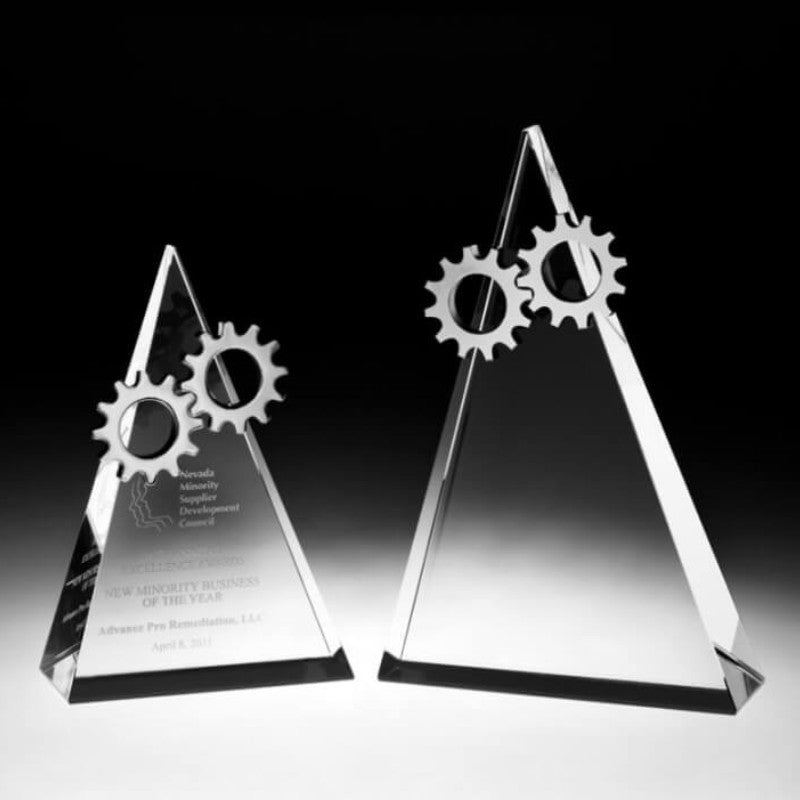 Engraved Crystal Triangle Award with Chrome Gears - Personalized Engraved Gifts