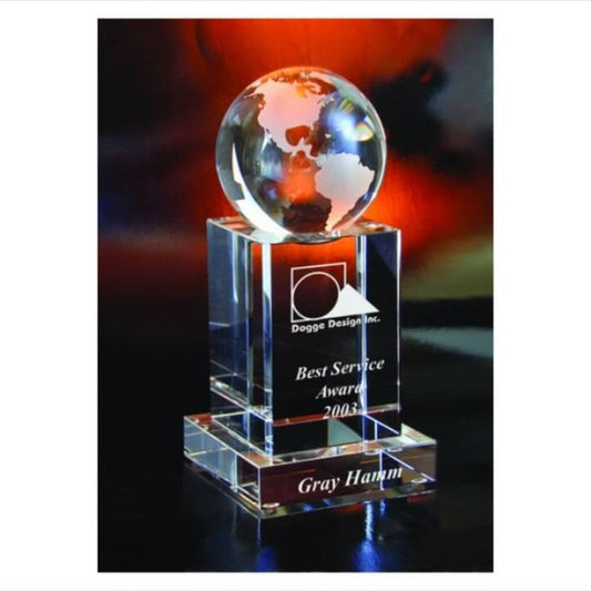 Engraved Crystal World on Square Pedestal Award - Personalized Engraved Gifts